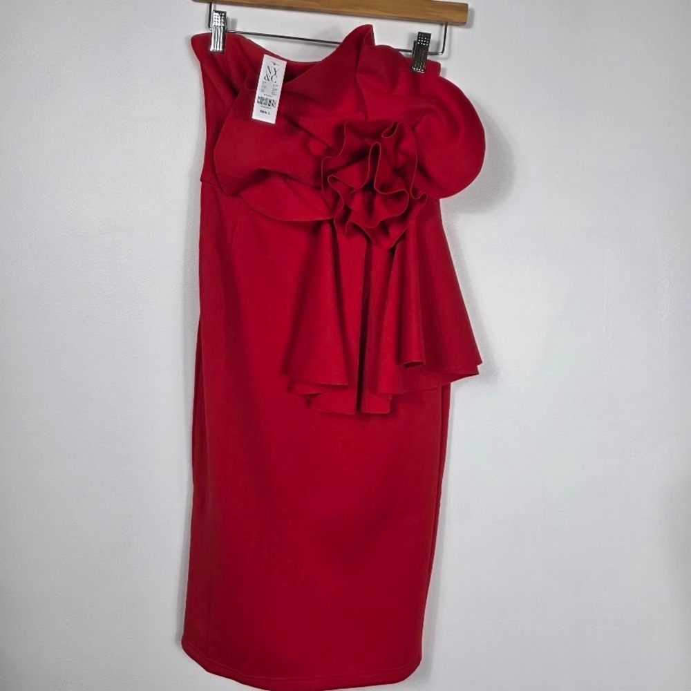 NY&C Red Strapless Bodycon Dress Sz S Floral‎ Accent Cocktail Party